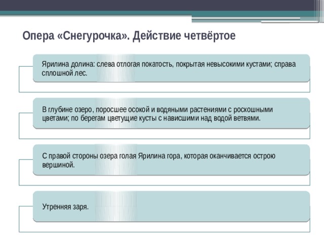 Опера «Снегурочка». Действие четвёртое Ярилина долина: слева отлогая покатость, покрытая невысокими кустами; справа сплошной лес. В глубине озеро, поросшее осокой и водяными растениями с роскошными цветами; по берегам цветущие кусты с нависшими над водой ветвями. С правой стороны озера голая Ярилина гора, которая оканчивается острою вершиной. Утренняя заря. 