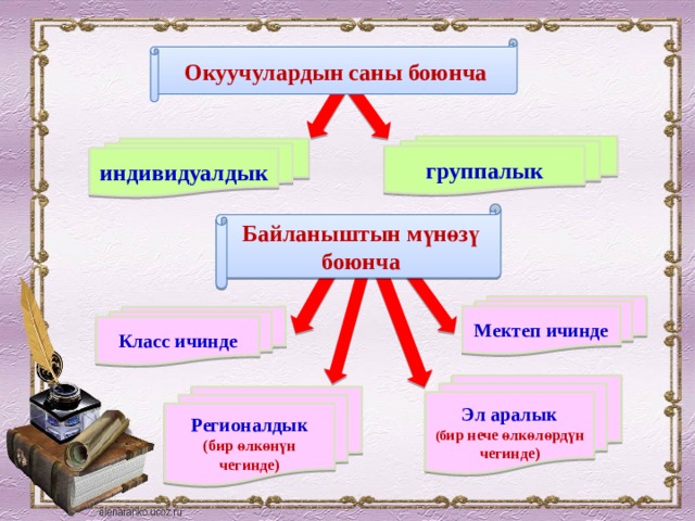 Окуучулардын саны боюнча группалык индивидуалдык Байланыштын мүнөзү боюнча Мектеп ичинде Класс ичинде   Эл аралык (б ир нече өлкөлөрдүн чегинде)   Регионалдык (бир өлкөнүн чегинде) 