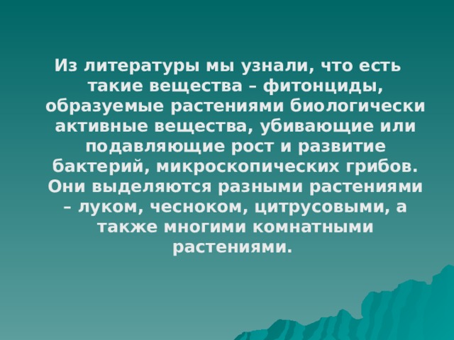 Из литературы мы узнали, что есть такие вещества – фитонциды, образуемые растениями биологически активные вещества, убивающие или подавляющие рост и развитие бактерий, микроскопических грибов. Они выделяются разными растениями – луком, чесноком, цитрусовыми, а также многими комнатными растениями.  
