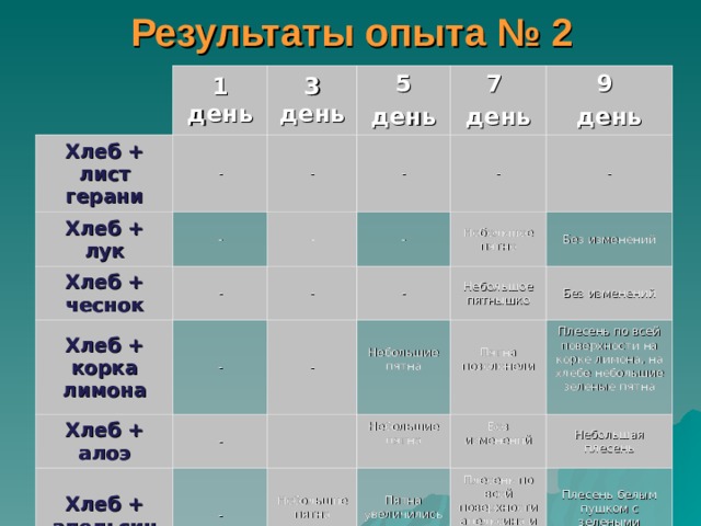 Результаты опыта № 2 Хлеб + лист герани 1 день 3 день - Хлеб + лук Хлеб + чеснок 5 день - - 7 день - - - Хлеб + корка лимона - 9 день - - - Хлеб + алоэ Небольшое пятно - - Хлеб + апельсин - - Небольшое пятнышко Без изменений Небольшие пятна - Без изменений Небольшие пятна Пятна позеленели Небольшие пятна Без изменений Плесень по всей поверхности на корке лимона, на хлебе небольшие зеленые пятна Пятна увеличились Небольшая плесень Плесень по всей поверхности апельсина и на хлебе Плесень белым пушком с зелеными пятнами 