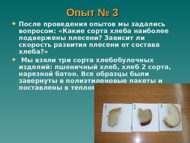 Опыт № 3 После проведения опытов мы задались вопросом: «Какие сорта хлеба наиболее подвержены плесени? Зависит ли скорость развития плесени от состава хлеба?»  Мы взяли три сорта хлебобулочных изделий: пшеничный хлеб, хлеб 2 сорта, нарезной батон. Все образцы были завернуты в полиэтиленовые пакеты и поставлены в теплое место.  