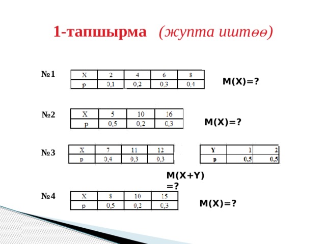 1-тапшырма (жупта иштөө) № 1 М(Х)=? № 2 М(Х)=? № 3 М(Х+Y)=? № 4 М(Х)=? 