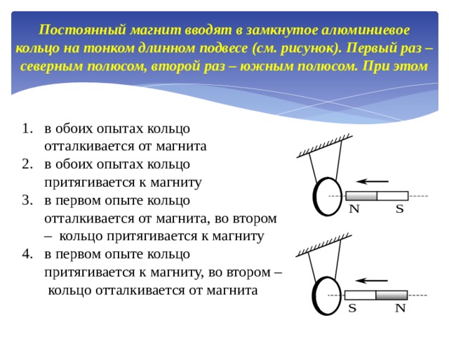 Магнит вводят в кольцо в результате чего появляется ток направление которого показано на рисунке