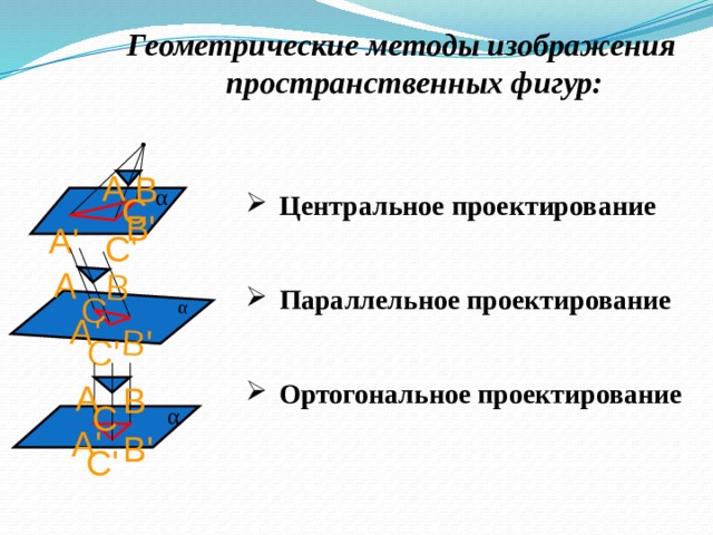 A B C A' B' C' α Геометрические методы изображения пространственных фигур: B A α  Центральное проектирование   Параллельное проектирование   Ортогональное проектирование C B' A' C' A B C α A' B' C' 9 
