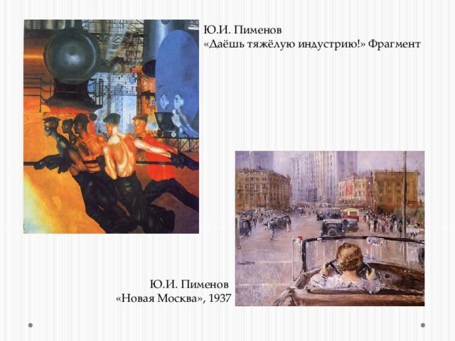 Ю.И. Пименов «Даёшь тяжёлую индустрию!» Фрагмент Ю.И. Пименов «Новая Москва», 1937 