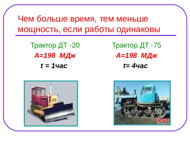 Чем больше время , тем меньше мощность, если работы одинаковы Трактор ДТ -20  А=198 МДж  t = 1час  Трактор ДТ -75  А=198 МДж  t = 4час  