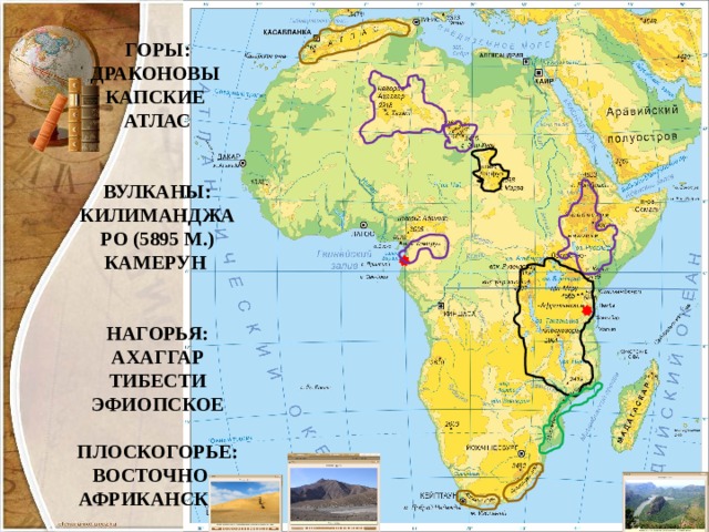 Горы: Драконовы Капские Атлас   Вулканы: Килиманджаро (5895 м.) Камерун   Нагорья: Ахаггар Тибести Эфиопское  Плоскогорье: Восточно – Африканское 