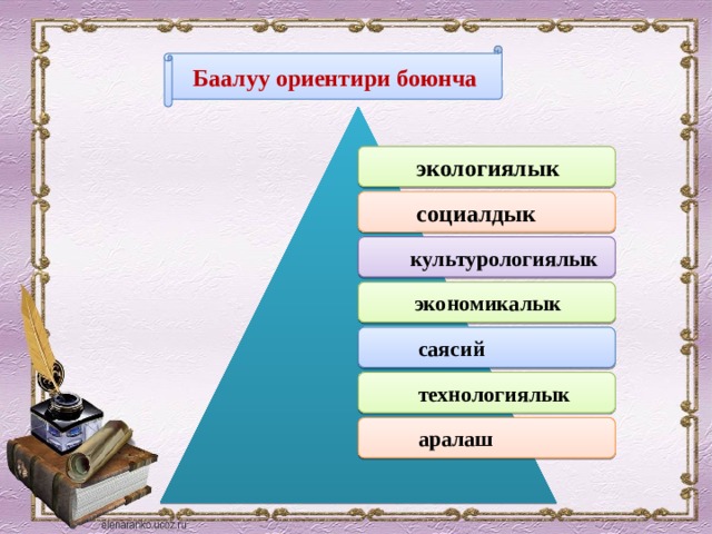 Баалуу ориентири боюнча экологиялык  социалдык  культурологиялык экономикалык  саясий  технологиялык  аралаш 