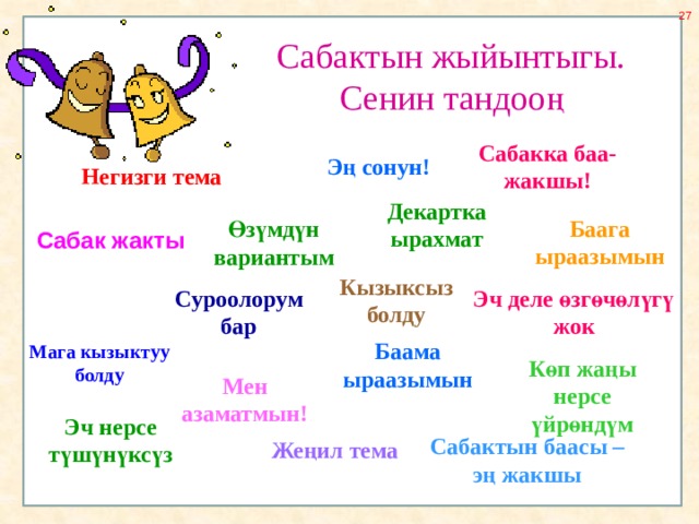 Сабактын жыйынтыгы. Сенин тандооң Сабакка баа-жакшы! Эң сонун! Негизги тема Декартка ырахмат Баага ыраазымын Өзүмдүн вариантым Сабак жакты Кызыксыз болду Суроолорум бар Эч деле өзгөчөлүгү жок Баама ыраазымын Мага кызыктуу болду Көп жаңы нерсе үйрөндүм Мен азаматмын! Эч нерсе түшүнүксүз Сабактын баасы –эң жакшы  Жеңил тема 
