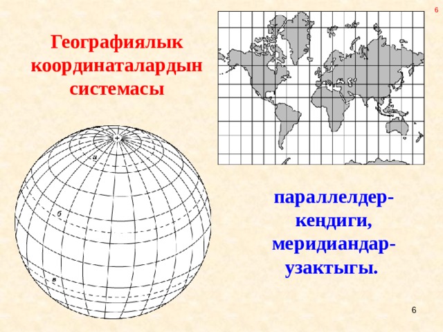 Географиялык координаталардын системасы параллелдер-кеңдиги, меридиандар-узактыгы.  5 