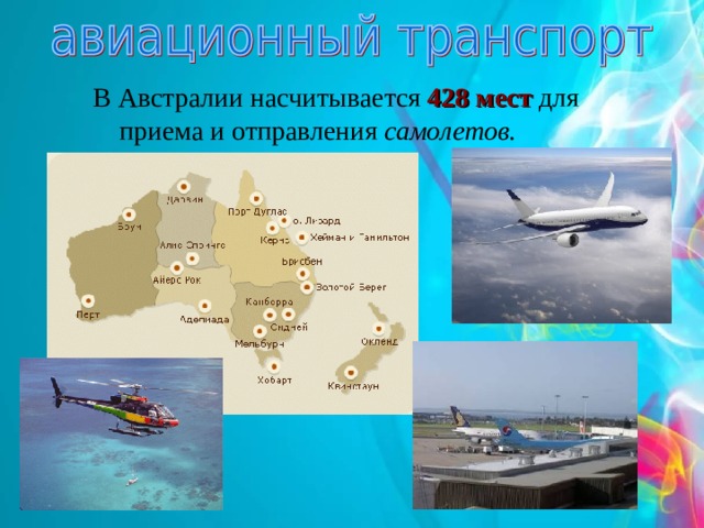 В Австралии насчитывается 428 мест для приема и отправления самолетов.  