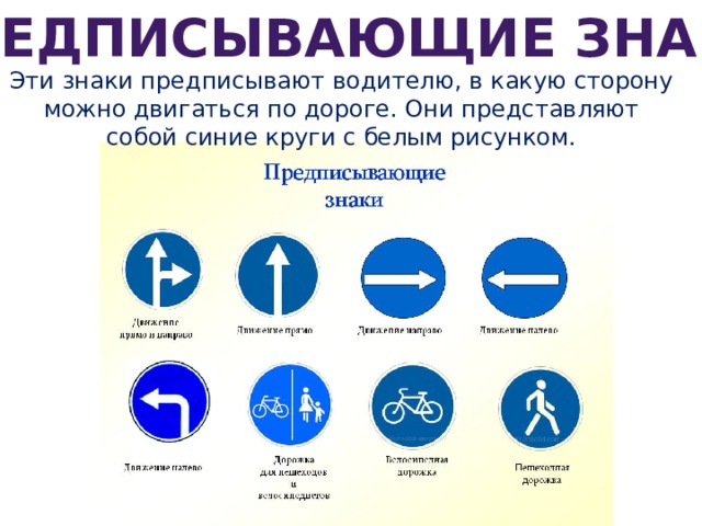 ПРЕДПИСЫВАЮЩИЕ ЗНАКИ Эти знаки предписывают водителю, в какую сторону можно двигаться по дороге. Они представляют собой синие круги с белым рисунком. 