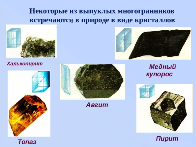 Некоторые из выпуклых многогранников встречаются в природе в виде кристаллов  Халькопирит  Медный купорос  Авгит  Пирит  Топаз 