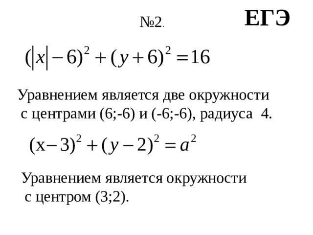 ЕГЭ № 2 . Уравнением является две окружности  с центрами (6;-6) и (-6;-6), радиуса 4. Уравнением является окружности  с центром (3;2). 