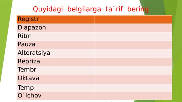 Quyidagi belgilarga ta`rif bering Registr Diapazon Ritm Pauza Alteratsiya Repriza Tembr Oktava Temp O`lchov 