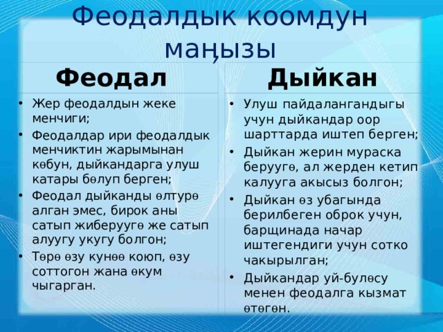 Феодалдык коомдун ма ӊ ызы Феодал Дыйкан Жер феодалдын жеке менчиги; Феодалдар ири феодалдык менчиктин жарымынан к ѳ бун, дыйкандарга улуш катары б ѳ луп берген; Феодал дыйканды ѳ лтур ѳ алган эмес, бирок аны сатып жиберууг ѳ же сатып алуугу укугу болгон; Т ѳ р ѳ  ѳ зу кун ѳѳ коюп, ѳ зу соттогон жана ѳ кум чыгарган. Улуш пайдалангандыгы учун дыйкандар оор шарттарда иштеп берген; Дыйкан жерин мураска берууг ѳ , ал жерден кетип калууга акысыз болгон; Дыйкан ѳ з убагында берилбеген оброк учун, барщинада начар иштегендиги учун сотко чакырылган; Дыйкандар уй-бул ѳ су менен феодалга кызмат ѳ т ѳ г ѳ н. 