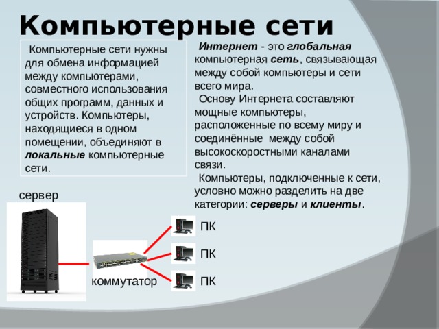 Компьютерные сети Интернет - это глобальная компьютерная сеть , связывающая между собой компьютеры и сети всего мира. Основу Интернета составляют мощные компьютеры, расположенные по всему миру и соединённые между собой высокоскоростными каналами связи. Компьютеры, подключенные к сети, условно можно разделить на две категории: серверы и клиенты . Компьютерные сети нужны для обмена информацией между компьютерами, совместного использования общих программ, данных и устройств. Компьютеры, находящиеся в одном помещении, объединяют в локальные компьютерные сети. сервер ПК ПК ПК коммутатор 