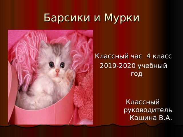 Барсики и Мурки Классный час 4 класс 2019-2020 учебный год Классный руководитель Кашина В.А. 