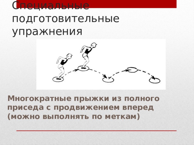 Специальные подготовительные упражнения   Многократные прыжки из полного приседа с продвижением вперед (можно выполнять по меткам) 