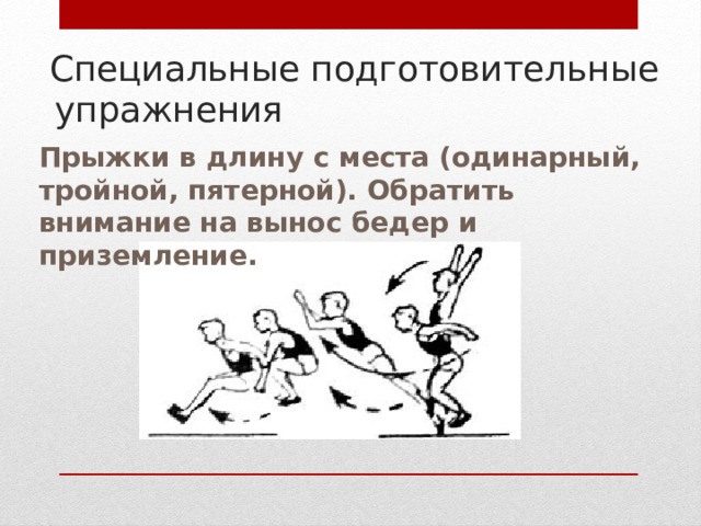  Специальные подготовительные  упражнения Прыжки в длину с места (одинарный, тройной, пятерной). Обратить внимание на вынос бедер и приземление.  