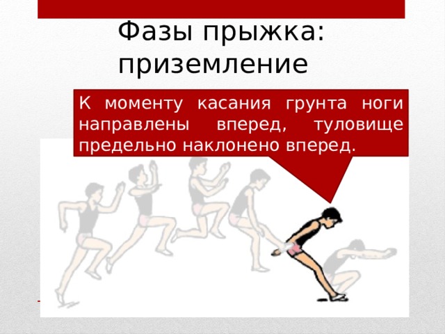 Фазы прыжка: приземление К моменту касания грунта ноги направлены вперед, туловище предельно наклонено вперед. 