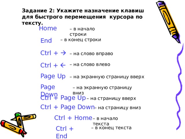 Задание 2: Укажите назначение клавиш для быстрого перемещения курсора по тексту.  Задание 2: Укажите назначение клавиш для быстрого перемещения курсора по тексту.  Home – в начало строки – в начало строки End – в конец строки Ctrl +  – на слово вправо – на слово влево Ctrl  +  Page Up – на экранную страницу вверх Page Down – на экранную страницу вниз Ctrl + Page Up – на страницу вверх Ctrl + Page Down – на страницу вниз Ctrl + Home – в начало текста Ctrl + End – в конец текста 
