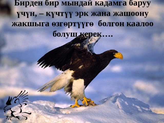 Бирден бир мындай кадамга баруу үчүн, – күчтүү эрк жана жашоону жакшыга өзгөртүүгө болгон каалоо болуш керек …. 