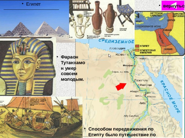 Египет вернуться Фараон Тутанхамон умер совсем молодым.  Способом передвижения по Египту было путешествие по воде 