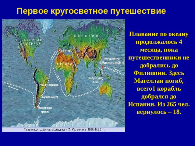 Первое кругосветное путешествие  Плавание по океану продолжалось 4 месяца, пока путешественники не добрались до Филиппин. Здесь Магеллан погиб, всего1 корабль добрался до Испании. Из 265 чел. вернулось – 18.  