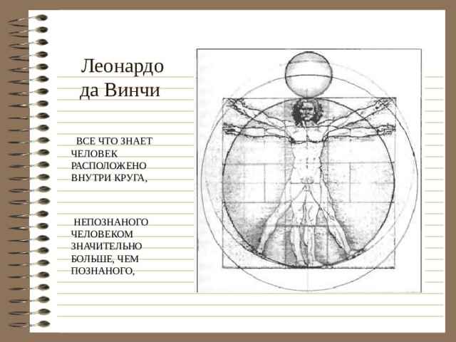 Леонардо да Винчи   ВСЕ ЧТО ЗНАЕТ ЧЕЛОВЕК РАСПОЛОЖЕНО ВНУТРИ КРУГА,  НЕПОЗНАНОГО ЧЕЛОВЕКОМ ЗНАЧИТЕЛЬНО БОЛЬШЕ, ЧЕМ ПОЗНАНОГО, 