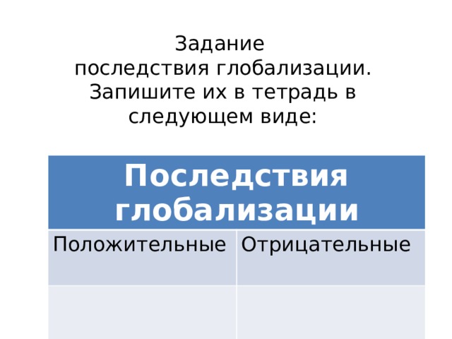 Задание  последствия глобализации. Запишите их в тетрадь в следующем виде: Последствия глобализации Положительные Отрицательные  