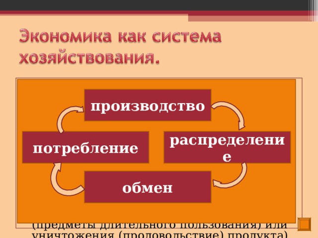 Экономическая деятельность – это производство, распределение, обмен и потребление благ и услуг. производство (процесс создания экономических благ и услуг); распределение (разделение продукта или дохода между участвующими в его производстве); обмен (процесс, в котором вместо продукта получают деньги или другой продукт); потребление (стадия использования (предметы длительного пользования) или уничтожения (продовольствие) продукта). производство потребление распределение обмен 