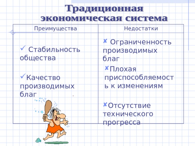 Преимущества Недостатки  Ограниченность производимых благ  Стабильность общества Плохая приспособляемость к изменениям Качество производимых благ Отсутствие технического прогресса 