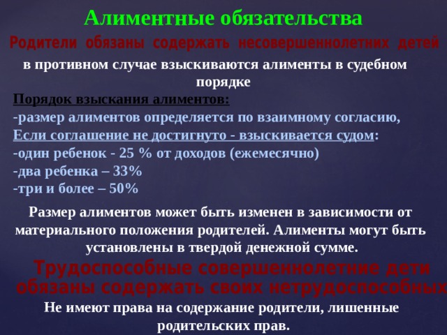 Алиментные обязательства  в противном случае взыскиваются алименты в судебном порядке Порядок взыскания алиментов: -размер алиментов определяется по взаимному согласию, Если соглашение не достигнуто - взыскивается судом : -один ребенок - 25 % от доходов (ежемесячно) -два ребенка – 33% -три и более – 50% Размер алиментов может быть изменен в зависимости от материального положения родителей. Алименты могут быть установлены в твердой денежной сумме. Не имеют права на содержание родители, лишенные родительских прав. 