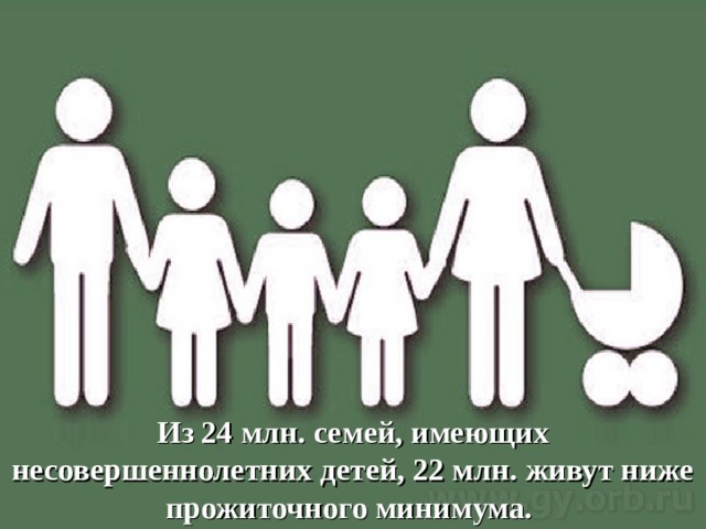  Из 24 млн. семей, имеющих несовершеннолетних детей, 22 млн. живут ниже прожиточного минимума. 