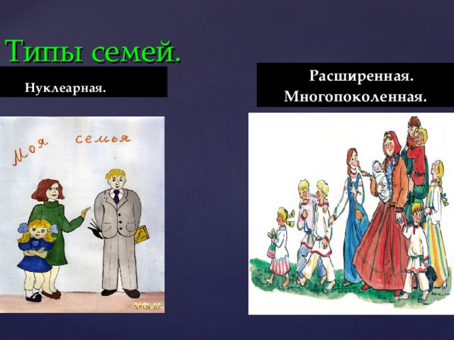 Типы семей.  Расширенная. Многопоколенная.  Нуклеарная. 