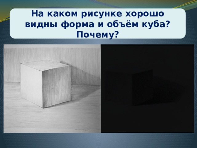 На каком рисунке хорошо видны форма и объём куба? Почему? 
