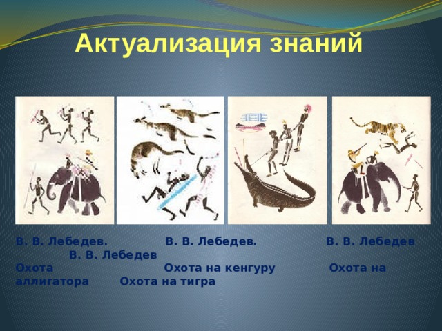 Актуализация знаний В. В. Лебедев. В. В. Лебедев. В. В. Лебедев В. В. Лебедев  Охота Охота на кенгуру Охота на аллигатора Охота на тигра 