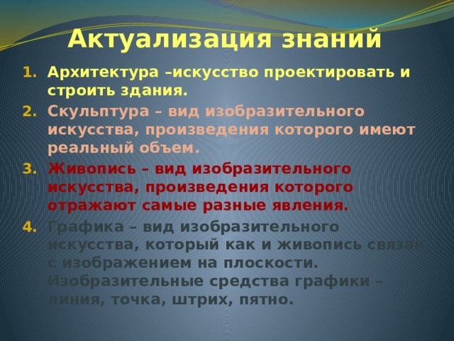 Актуализация знаний Архитектура –искусство проектировать и строить здания. Скульптура – вид изобразительного искусства, произведения которого имеют реальный объем. Живопись – вид изобразительного искусства, произведения которого отражают самые разные явления. Графика – вид изобразительного искусства, который как и живопись связан с изображением на плоскости. Изобразительные средства графики – линия, точка, штрих, пятно. 