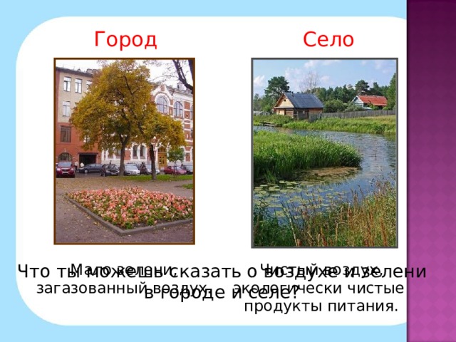 Город Село Мало зелени, загазованный воздух. Чистый воздух, экологически чистые продукты питания. Что ты можешь сказать о воздухе и зелени в городе и селе?