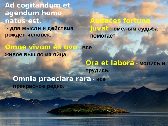 Ad cogitandum et agendum homo natus est.  - для мысли и действия рожден человек. Audaces fortuna juvat - смелым судьба помогает Omne vivum ех ovo - все живое вышло из яйца Orа et labora - молись и трудись.  Omnia praeclara rara - все прекрасное редко. 