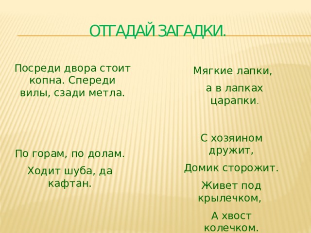 Отгадай загадки. Посреди двора стоит копна. Спереди вилы, сзади метла. Мягкие лапки, а в лапках царапки . С хозяином дружит, Домик сторожит. Живет под крылечком, А хвост колечком. По горам, по долам. Ходит шуба, да кафтан. 