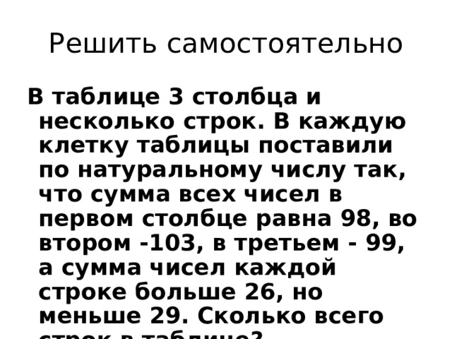 Решить самостоятельно В таблице 3 столбца и несколько строк. В каждую клетку таблицы поставили по натуральному числу так, что сумма всех чисел в первом столбце равна 98, во втором -103, в третьем - 99, а сумма чисел каждой строке больше 26, но меньше 29. Сколько всего строк в таблице? 