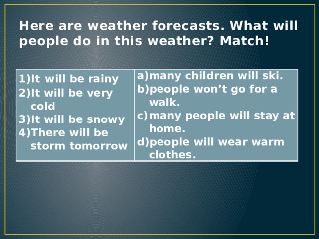 Here are weather forecasts. What will people do in this weather? Match! It  will be rainy It will be very cold It will be snowy There will be storm tomorrow many children will ski. people won’t go for a walk. many people will stay at home. people will wear warm clothes. 