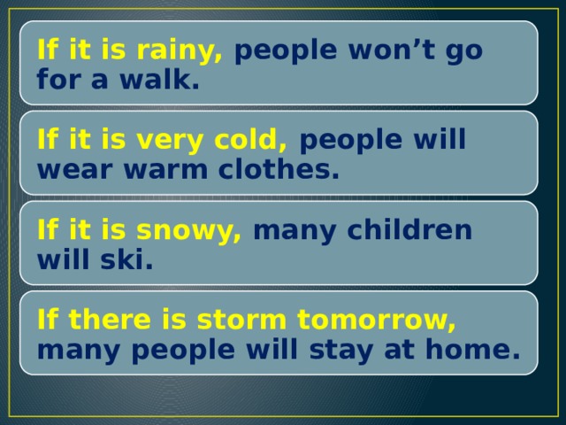 If it is rainy,  people won’t go for a walk. If it is very cold,  people will wear warm clothes. If it is snowy,  many children will ski. If there is storm tomorrow,  many people will stay at home. 