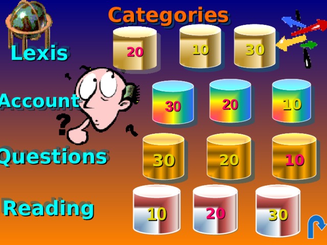 Categories 10 30 20 Lexis 20 10 30 Account 10 20 30 Questions 10 30 20 Reading 