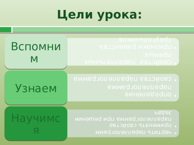 свойства параллельных прямых признаки равенства треугольников свойства параллельных прямых признаки равенства треугольников определение параллелограмма свойства параллелограмма определение параллелограмма свойства параллелограмма чертить параллелограмм применять свойства параллелограмма при решении задач чертить параллелограмм применять свойства параллелограмма при решении задач Цели урока: Вспомним Узнаем Научимся  