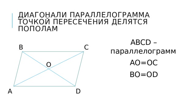 Диагонали параллелограмма точкой их пересечения делятся пополам. Диагонали параллелограмма точкой пересечения делятся пополам. Диагонали равны и точкой пересечения делятся пополам. ABCD параллелограмм AC И bd его диагонали ao=OC, bo=od. Свойства диагоналей параллелограмма 8 класс геометрия.