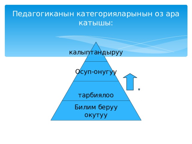 Педагогиканын категорияларынын оз ара катышы: калыптандыруу Осуп-онугуу тарбиялоо Билим беруу окутуу 