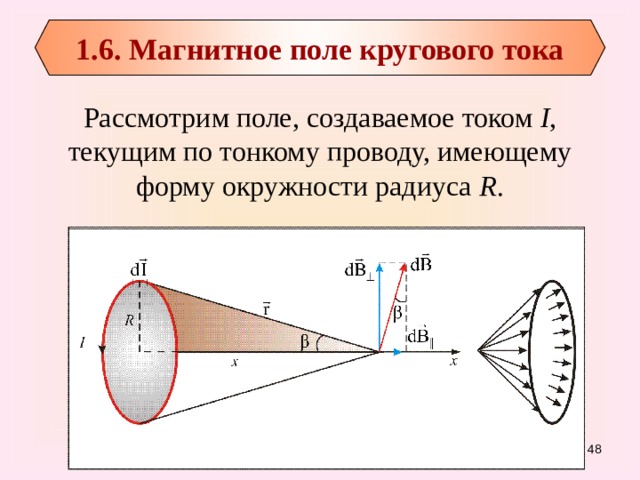 1.6. Магнитное поле кругового тока Рассмотрим поле, создаваемое током I , текущим по тонкому проводу, имеющему форму окружности радиуса R . 47 